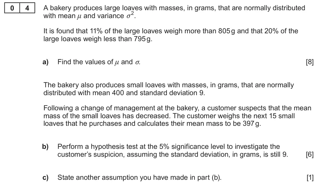 Summer 2023 Unit 4, question 4: with mean μ and variance σ2. 0 4 A bakery produces large loaves with masses, in grams, that are normally distributed It is found that 11% of the large loaves we