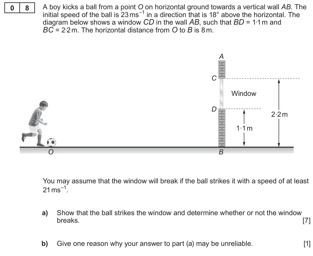 Summer 2023 Unit 4, question 8: A boy kicks a ball from a point O on horizontal ground towards a vertical wall AB. The 0 8 initial speed of the ball is 23 ms–1 in a direction that is 18° above