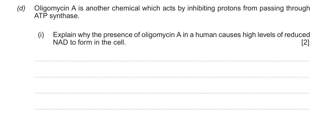 Summer 2018 Unit 3, question 6(d)(i): Explain why the presence of oligomycin A in a human causes high levels of reduced NAD to form in the cell. [2]