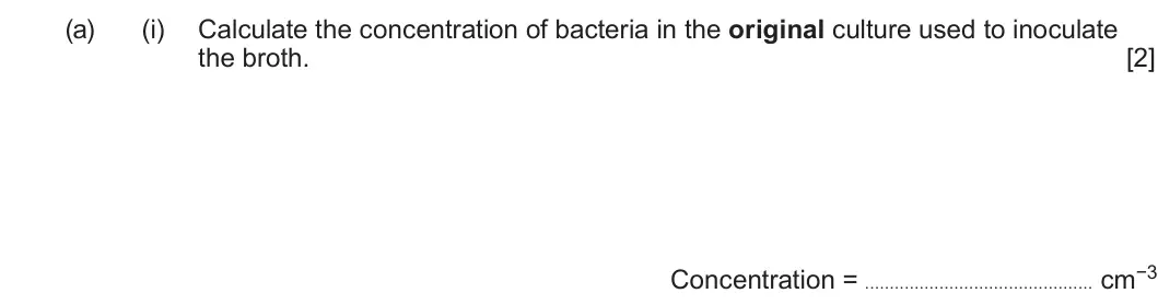 Summer 2022 Unit 3, question 1(a)(i): Calculate the concentration of bacteria in the original culture used to inoculate the broth. [2] Concentration = cm−3