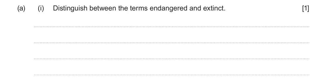 Summer 2022 Unit 3, question 2(a)(i): Distinguish between the terms endangered and extinct. [1]