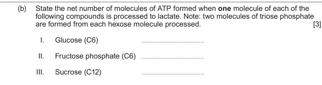 Summer 2022 Unit 3, question 6(b): State the net number of molecules of ATP formed when one molecule of each of the following compounds is processed to lactate. Note: two molecules of triose phos