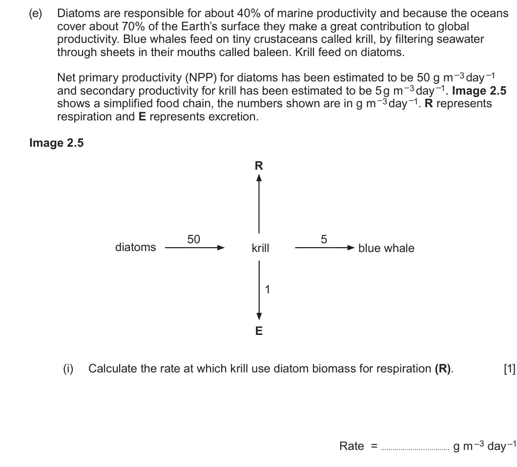 Summer 2023 Unit 3, question 2(e)(i): Calculate the rate at which krill use diatom biomass for respiration (R). [1] Rate = . ..... . g m –3 day –1