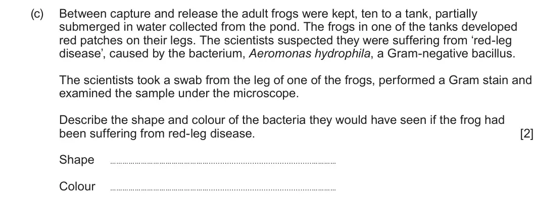 Summer 2023 Unit 3, question 4(c): Between capture and release the adult frogs were kept, ten to a tank, partially submerged in water collected from the pond. The frogs in one of the tanks develo