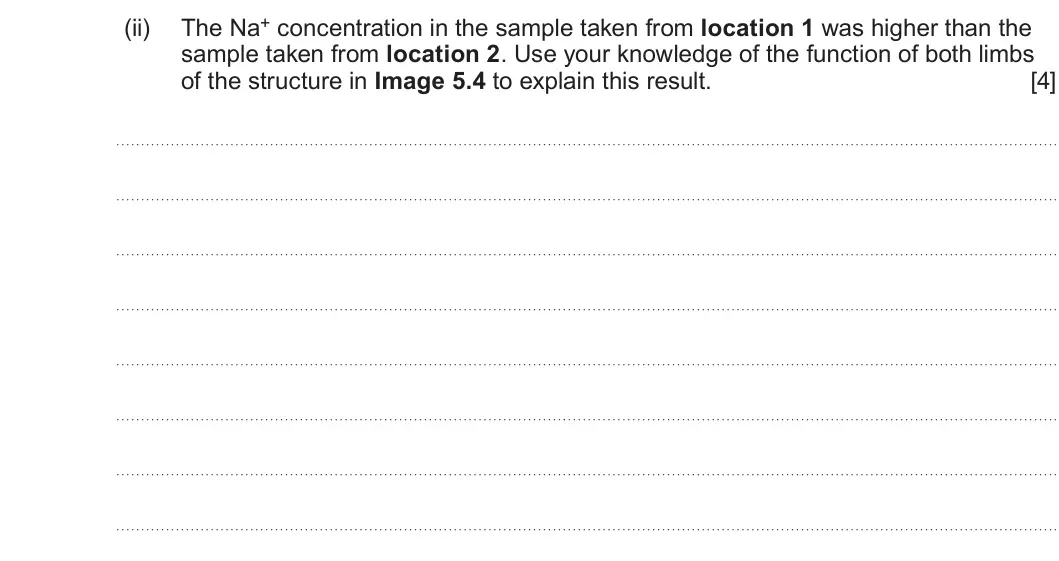 Summer 2023 Unit 3, question 5(c)(ii): The Na+ concentration in the sample taken from location 1 was higher than the sample taken from location 2 Use your knowledge of the function of both limbs of t