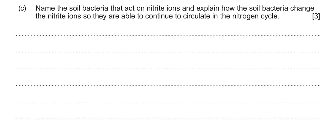 Summer 2024 Unit 3, question 3(c): Name the soil bacteria that act on nitrite ions and explain how the soil bacteria change the nitrite ions so they are able to continue to circulate in the nitro