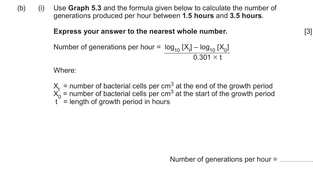 Summer 2024 Unit 3, question 5(b)(i): Use Graph 5.3 and the formula given below to calculate the number of generations produced per hour between 1.5 hours and 3.5 hours. Express your answer to the n