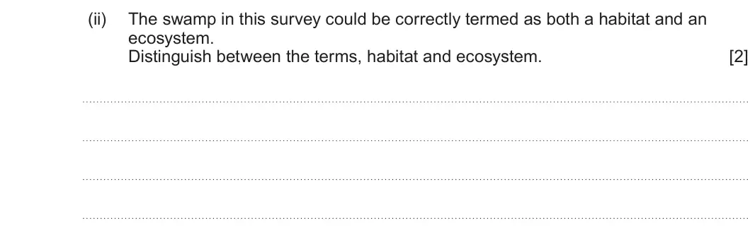 Summer 2024 Unit 3, question 6(a)(ii): The swamp in this survey could be correctly termed as both a habitat and an ecosystem. Distinguish between the terms, habitat and ecosystem. [2]