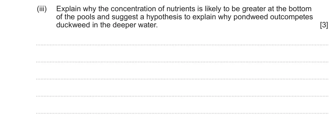 Summer 2024 Unit 3, question 6(b)(iii): Explain why the concentration of nutrients is likely to be greater at the bottom of the pools and suggest a hypothesis to explain why pondweed outcompetes duckw