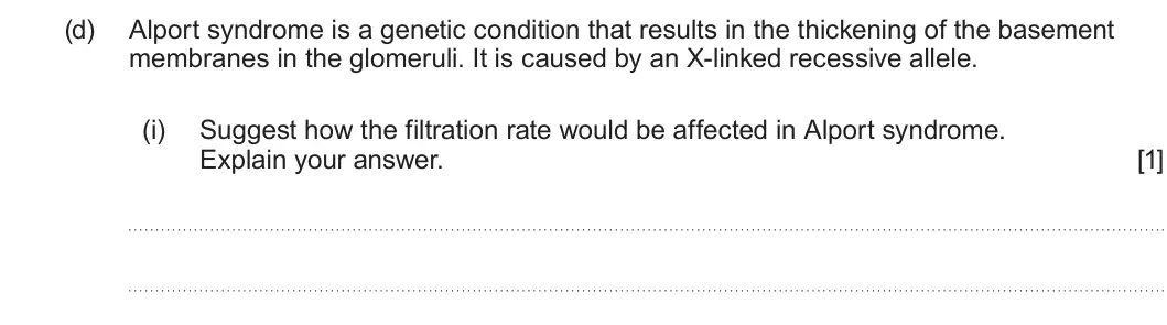 Summer 2025 Unit 3, question 3(d)(i): Suggest how the filtration rate would be affected in Alport syndrome. Explain your answer. [1]