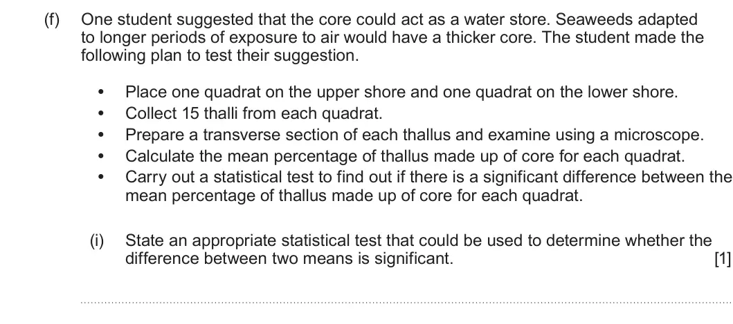 Summer 2025 Unit 3, question 4(f)(i): State an appropriate statistical test that could be used to determine whether the difference between two means is significant. [1]
