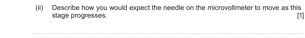 Summer 2025 Unit 3, question 5(b)(ii): Describe how you would expect the needle on the microvoltmeter to move as this stage progresses. [1]