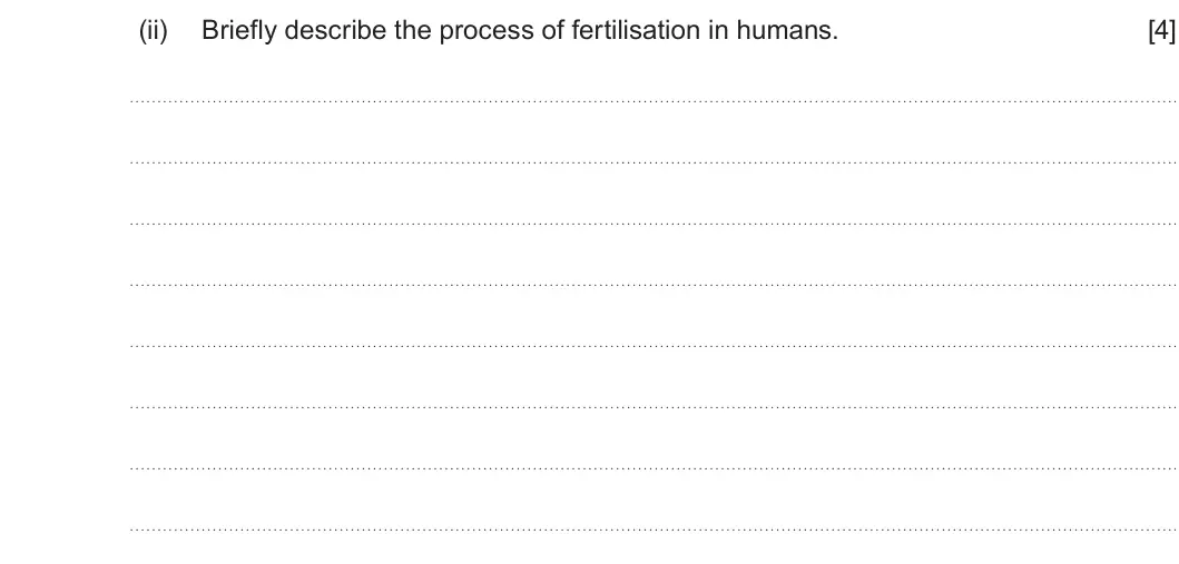 Summer 2022 Unit 4, question 1(a)(ii): Briefly describe the process of fertilisation in humans. [4]