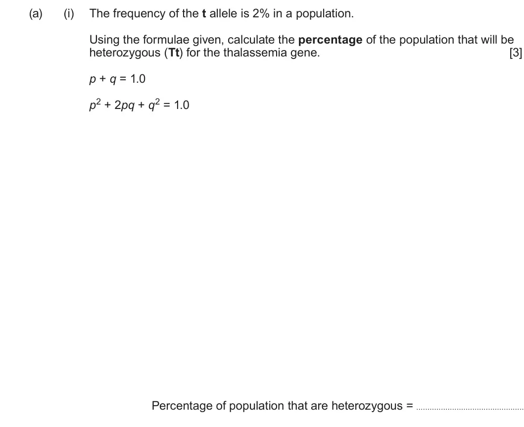 Summer 2022 Unit 4, question 3(a)(i): The frequency of the t allele is 2% in a population. Using the formulae given, calculate the percentage of the population that will be heterozygous (Tt) for the