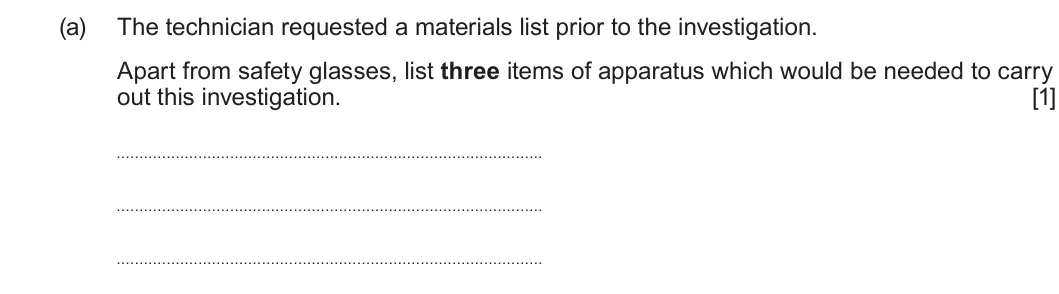 Summer 2023 Unit 4, question 2(a): The technician requested a materials list prior to the investigation. Apart from safety glasses, list three items of apparatus which would be needed to carry ou