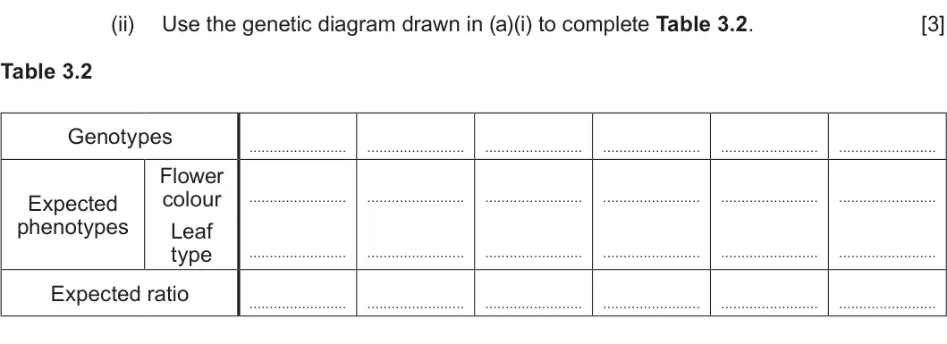 Summer 2023 Unit 4, question 3(a)(ii): Use the genetic diagram drawn in (a)(i) to complete Table 3.2. [3] Table 3.2 Genotypes Flower colour Expected phenotypes Leaf type Expected ratio