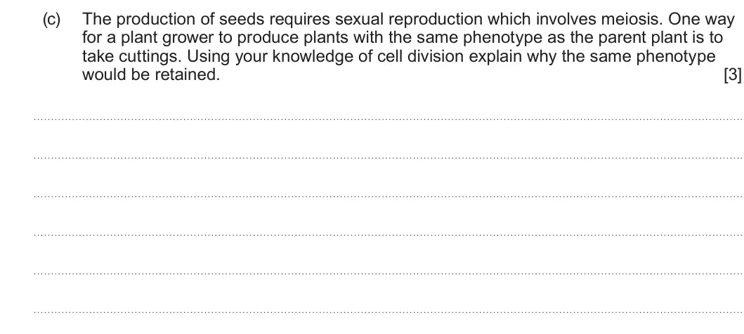 Summer 2023 Unit 4, question 3(c): The production of seeds requires sexual reproduction which involves meiosis. One way for a plant grower to produce plants with the same phenotype as the parent