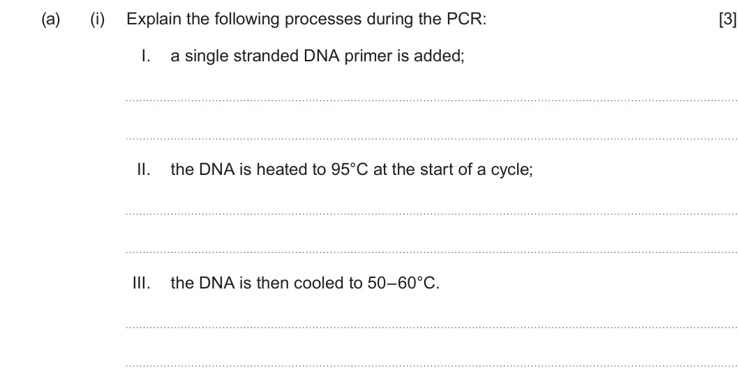 Summer 2023 Unit 4, question 5(a)(i): Explain the following processes during the PCR: [3] I. a single stranded DNA primer is added; II. the DNA is heated to 95°C at the start of a cycle; III. the DN