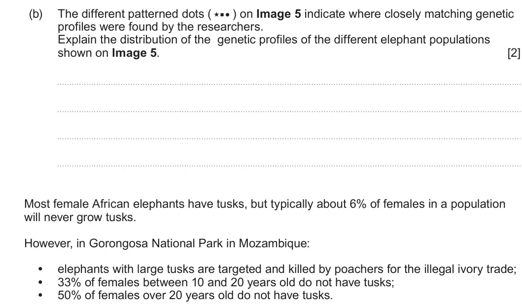 Summer 2023 Unit 4, question 5(b): The different patterned dots ( ) on Image 5 indicate where closely matching genetic profiles were found by the researchers. Explain the distribution of the gene