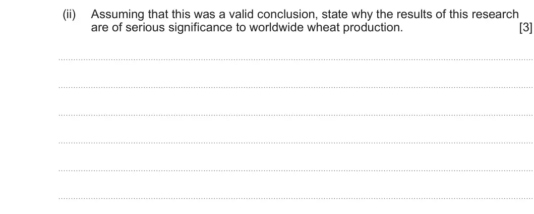Summer 2024 Unit 4, question 2(d)(ii): Assuming that this was a valid conclusion, state why the results of this research are of serious significance to worldwide wheat production. [3]