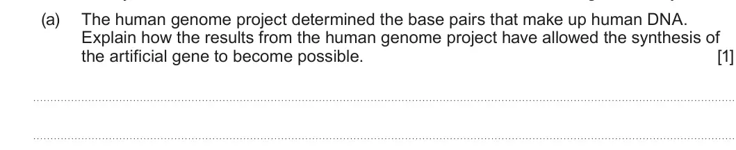 Summer 2024 Unit 4, question 3(a): The human genome project determined the base pairs that make up human DNA. Explain how the results from the human genome project have allowed the synthesis of t