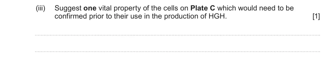 Summer 2024 Unit 4, question 3(d)(iii): Suggest one vital property of the cells on Plate C which would need to be confirmed prior to their use in the production of HGH. [1]