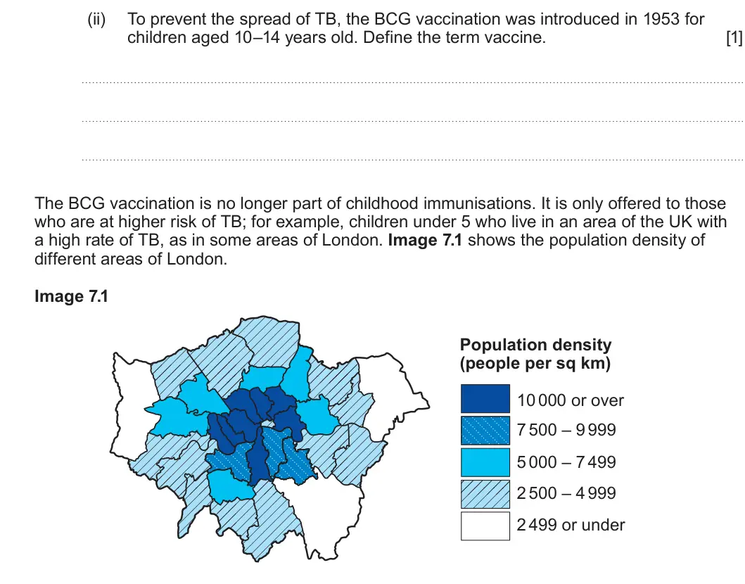 Summer 2024 Unit 4, question 7(a)(ii): To prevent the spread of TB, the BCG vaccination was introduced in 1953 for children aged 10–14 years old. Define the term vaccine. [1] The BCG vaccination is n