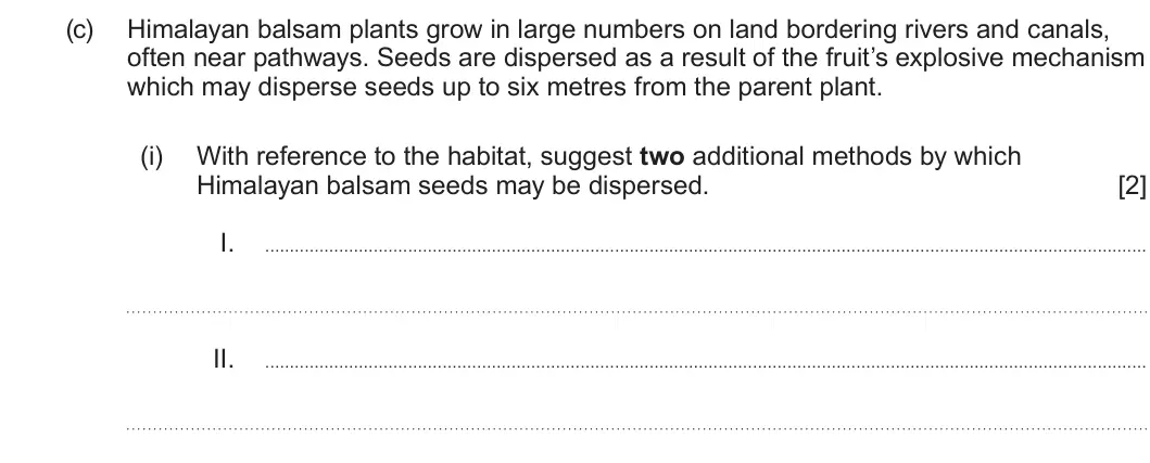 Summer 2025 Unit 4, question 1(c)(i): With reference to the habitat, suggest two additional methods by which Himalayan balsam seeds may be dispersed. [2] I. II.