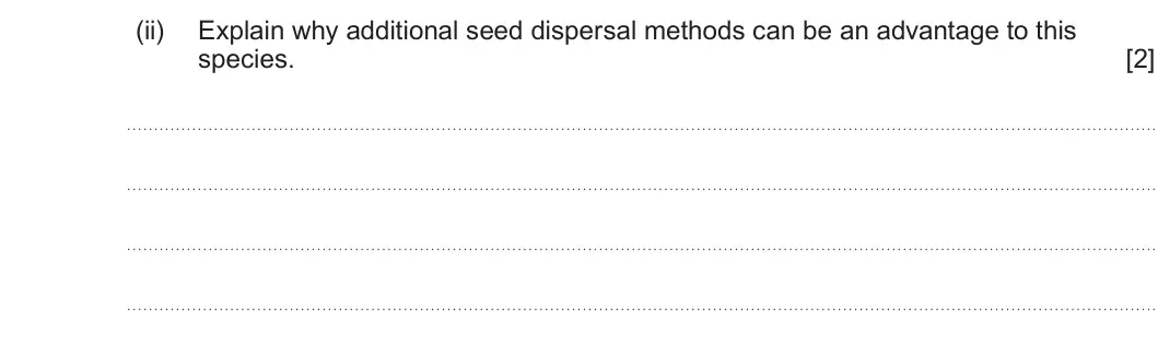 Summer 2025 Unit 4, question 1(c)(ii): Explain why additional seed dispersal methods can be an advantage to this species. [2]