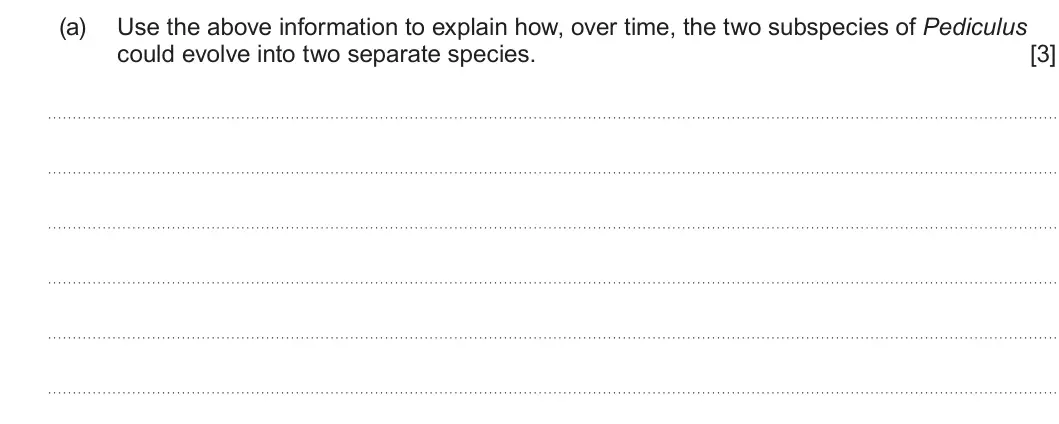Summer 2025 Unit 4, question 3(a): Use the above information to explain how, over time, the two subspecies of Pediculus could evolve into two separate species. [3]