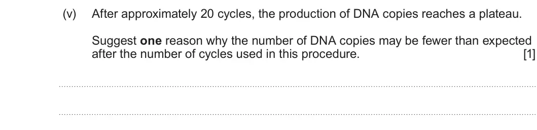 Summer 2025 Unit 4, question 3(b)(v): After approximately 20 cycles, the production of DNA copies reaches a plateau. Suggest one reason why the number of DNA copies may be fewer than expected after