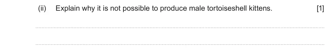 Summer 2025 Unit 4, question 4(a)(ii): Explain why it is not possible to produce male tortoiseshell kittens. [1]