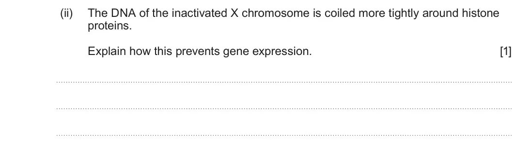 Summer 2025 Unit 4, question 4(b)(ii): The DNA of the inactivated X chromosome is coiled more tightly around histone proteins. Explain how this prevents gene expression. [1]