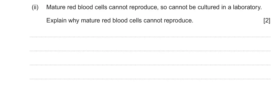 Summer 2025 Unit 4, question 5(a)(ii): Mature red blood cells cannot reproduce, so cannot be cultured in a laboratory. Explain why mature red blood cells cannot reproduce. [2]