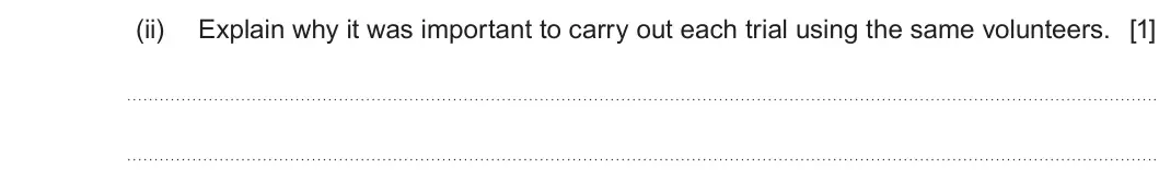 Summer 2025 Unit 4, question 5(b)(ii): Explain why it was important to carry out each trial using the same volunteers. [1]