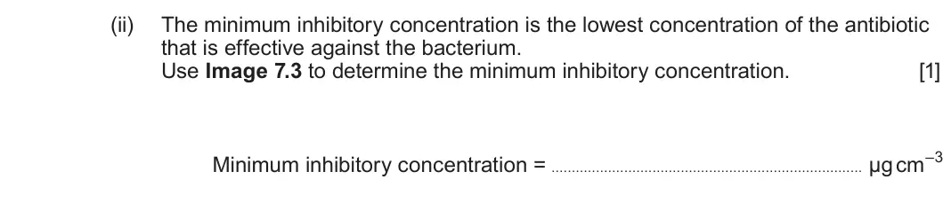Summer 2025 Unit 4, question 7(c)(ii): The minimum inhibitory concentration is the lowest concentration of the antibiotic that is effective against the bacterium. Use Image 7.3 to determine the minim