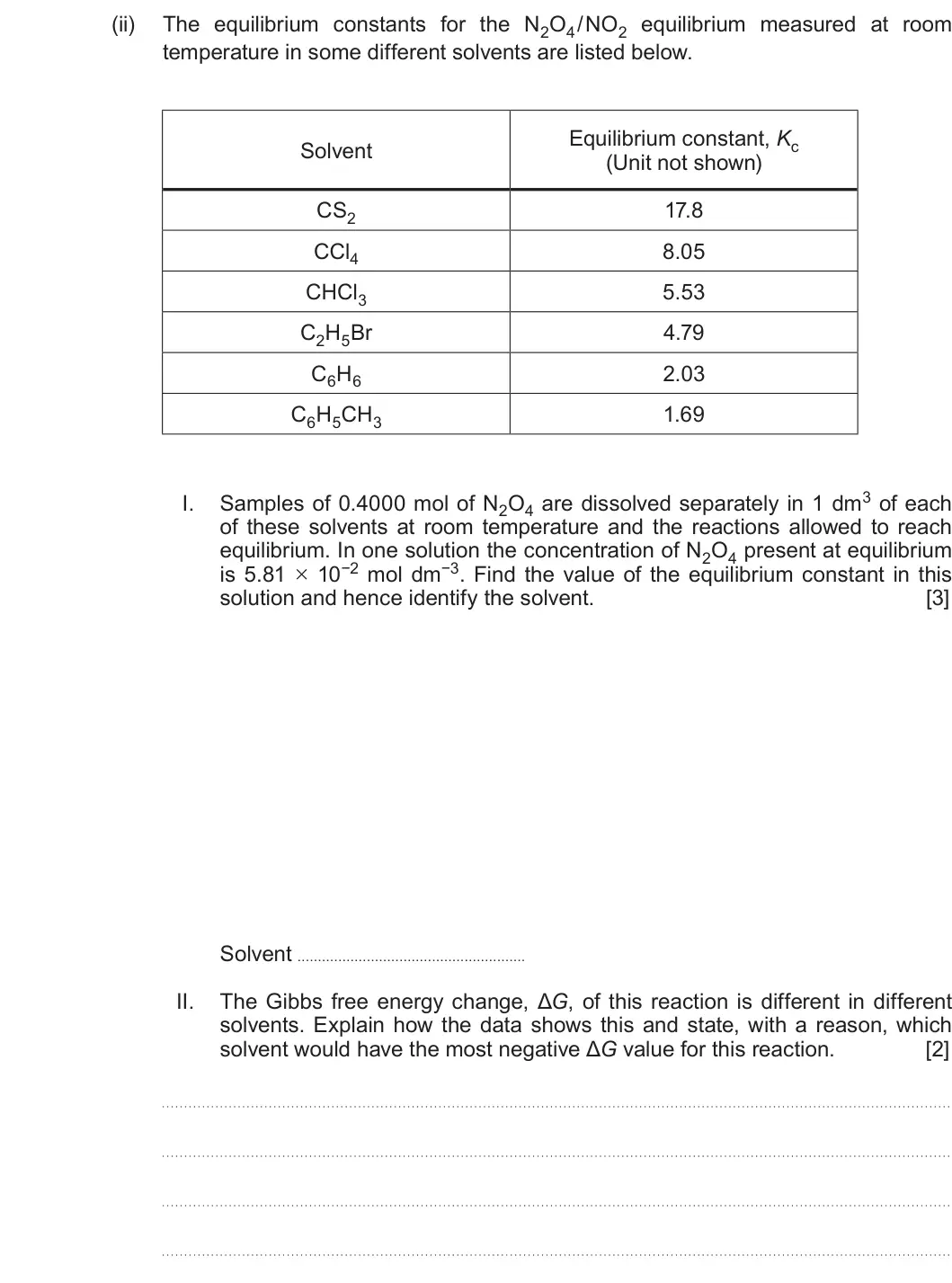 Summer 2017 Unit 3, question 9(b)(ii): The equilibrium constants for the N2O4 /NO2 equilibrium measured at room temperature in some different solvents are listed below. Equilibrium constant, Kc Solve