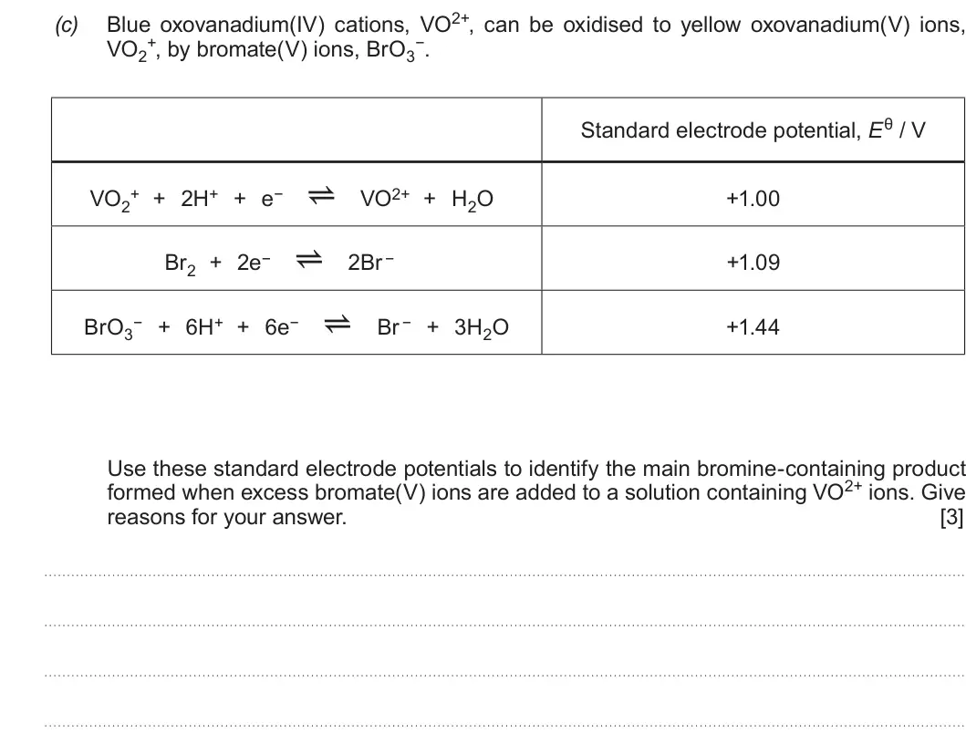 Summer 2017 Unit 3, question 12(c): +, by bromate(V) ions, BrO3 −. VO2 Standard electrode potential, Eθ / V VO2+ + 2H+ + e− a VO2+ + H2O +1.00 Br2 + 2e− a 2Br − +1.09 BrO3− + 6H+ + 6e− a Br − + 3H