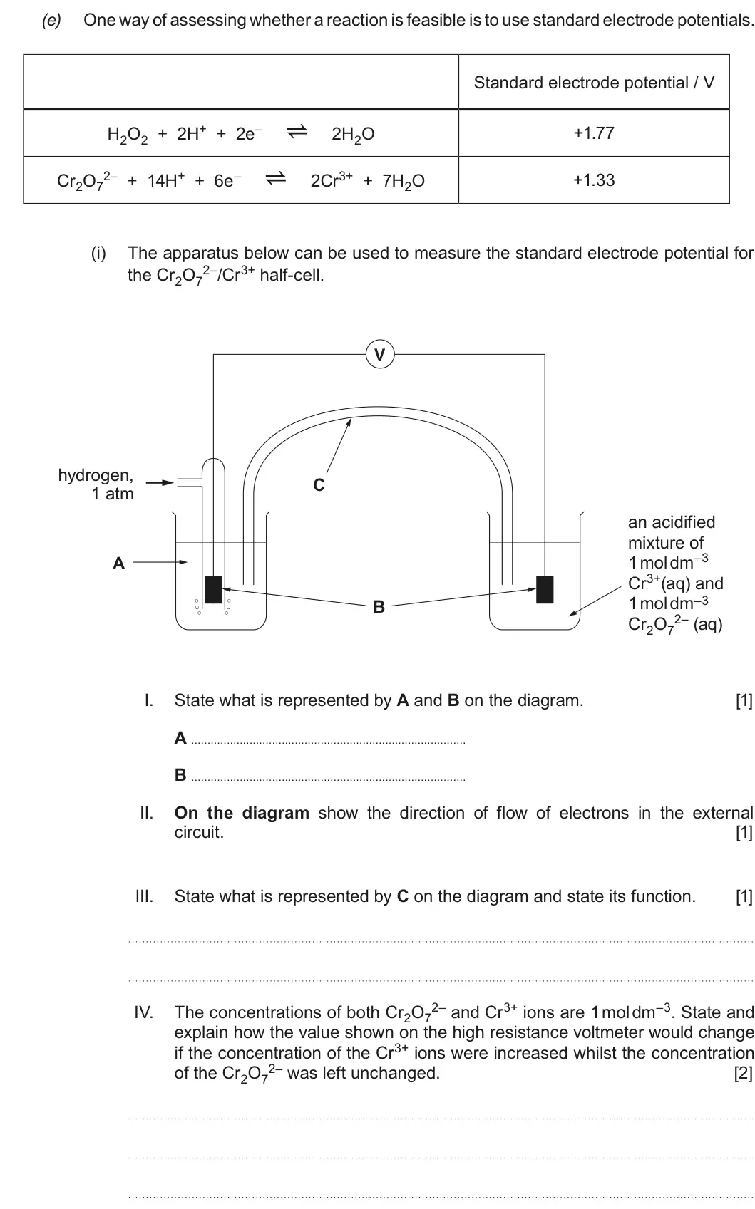 Summer 2018 Unit 3, question 11(e)(i): The apparatus below can be used to measure the standard electrode potential for 2–/Cr3+ half-cell. the Cr2O7 V hydrogen, C 1 atm an acidified mixture of 1 mol d