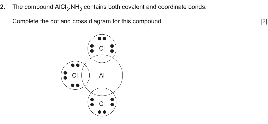 Summer 2019 Unit 3, question 2: The compound AlCl3.NH3 contains both covalent and coordinate bonds. Complete the dot and cross diagram for this compound. [2] Cl Cl Al Cl