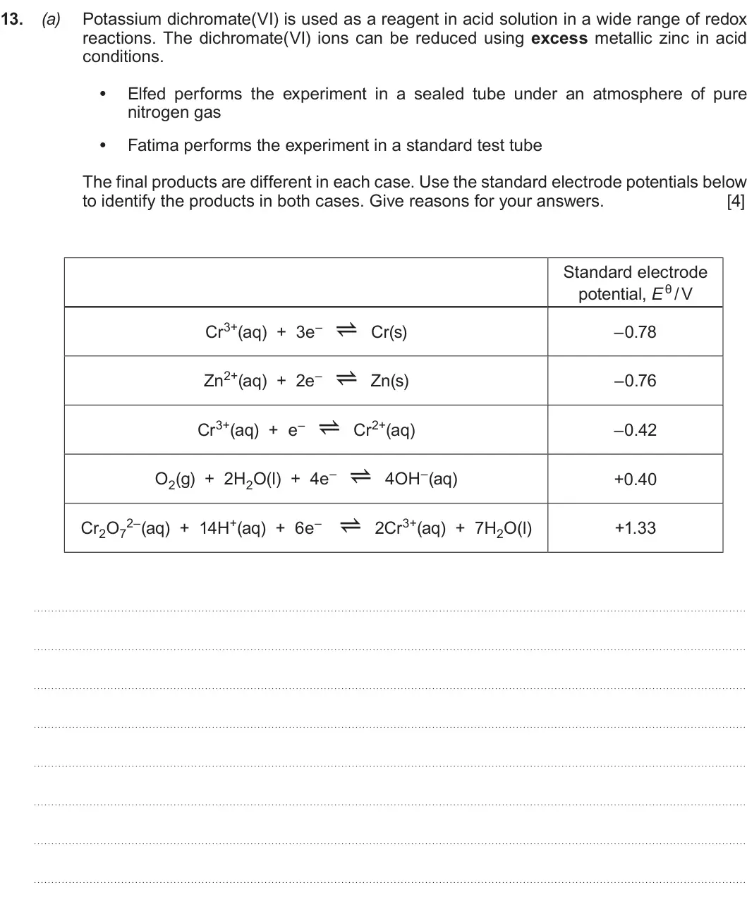 Summer 2019 Unit 3, question 13(a): Potassium dichromate(VI) is used as a reagent in acid solution in a wide range of redox reactions. The dichromate(VI) ions can be reduced using excess metallic 