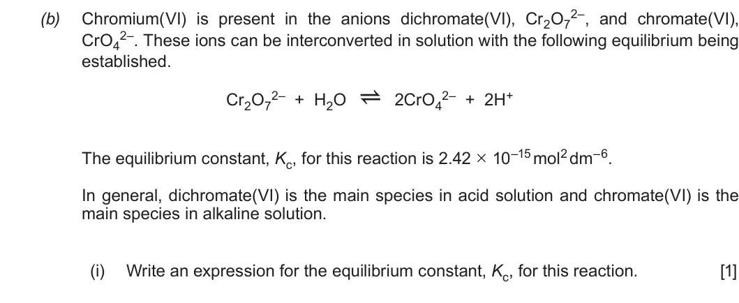 Summer 2019 Unit 3, question 13(b)(i): Write an expression for the equilibrium constant, Kc, for this reaction. [1]
