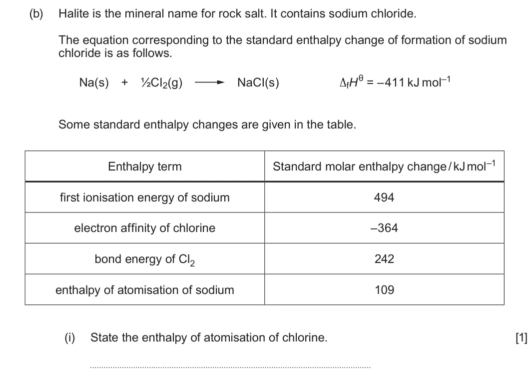 Summer 2022 Unit 3, question 8(b)(i): State the enthalpy of atomisation of chlorine. [1]