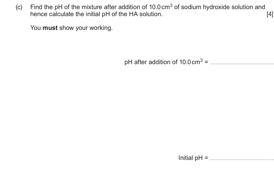 Summer 2022 Unit 3, question 10(c): hence calculate the initial pH of the HA solution. [4] You must show your working. pH after addition of 10.0 cm3 = Initial pH =