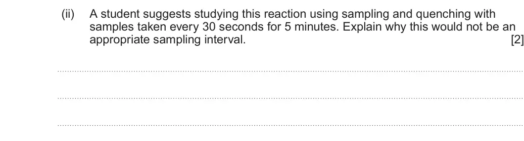 Summer 2023 Unit 3, question 9(b)(ii): A student suggests studying this reaction using sampling and quenching with samples taken every 30 seconds for 5 minutes. Explain why this would not be an appro