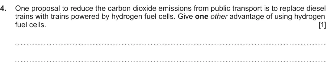 Summer 2024 Unit 3, question 4: One proposal to reduce the carbon dioxide emissions from public transport is to replace diesel trains with trains powered by hydrogen fuel cells. Give one other