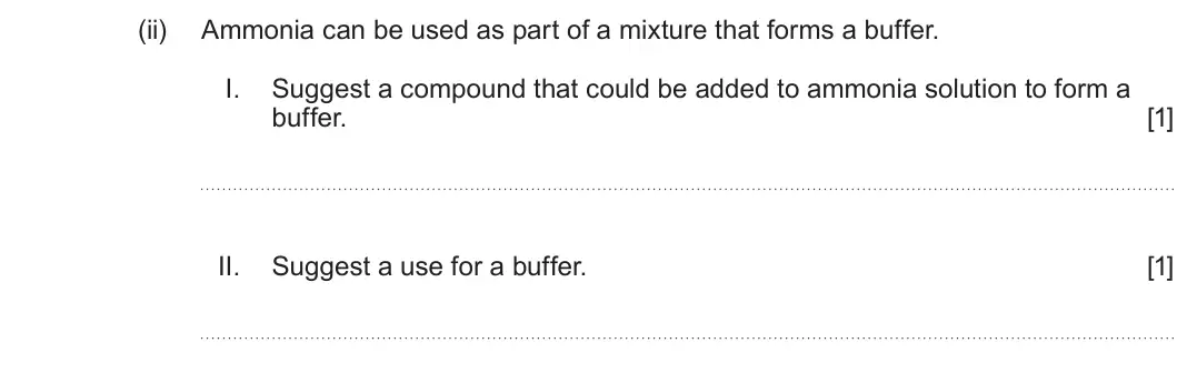 Summer 2024 Unit 3, question 6(a)(ii): Ammonia can be used as part of a mixture that forms a buffer. I. Suggest a compound that could be added to ammonia solution to form a buffer. [1] II. Suggest a 
