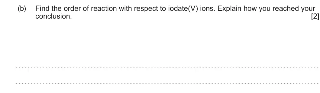 Summer 2024 Unit 3, question 7(b): Find the order of reaction with respect to iodate(V) ions. Explain how you reached your conclusion. [2]