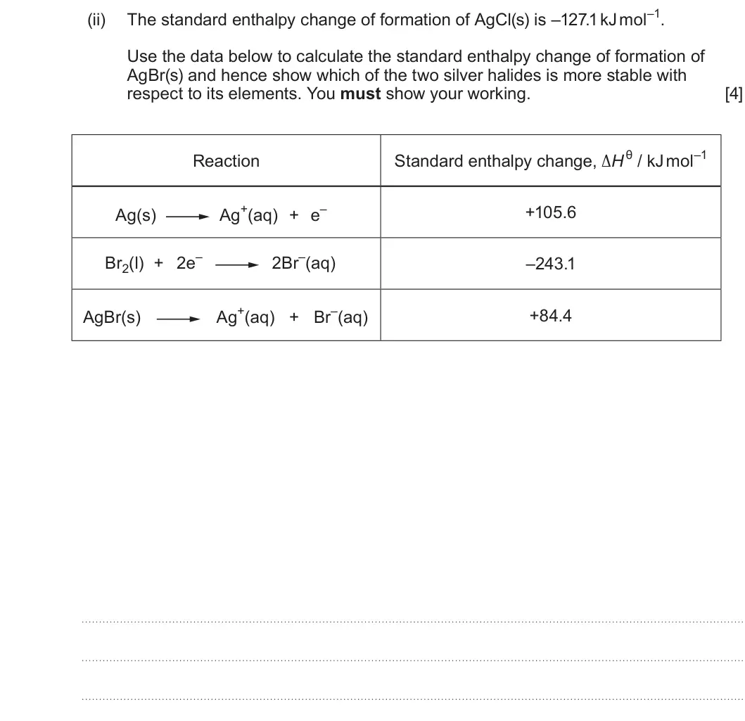Summer 2024 Unit 3, question 9(a)(ii): Use the data below to calculate the standard enthalpy change of formation of AgBr(s) and hence show which of the two silver halides is more stable with respect