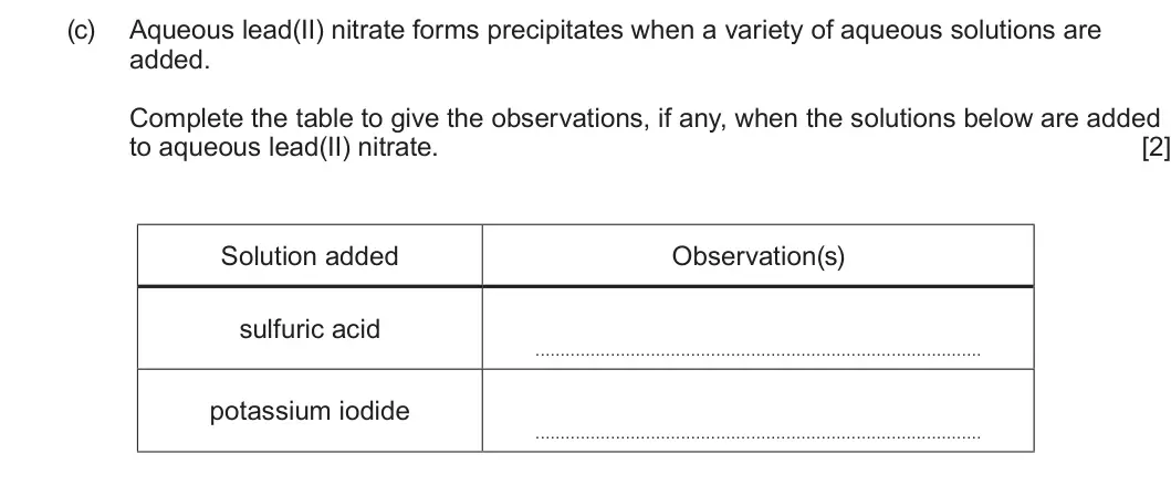 Summer 2025 Unit 3, question 7(c): Aqueous lead(II) nitrate forms precipitates when a variety of aqueous solutions are added. Complete the table to give the observations, if any, when the solutio